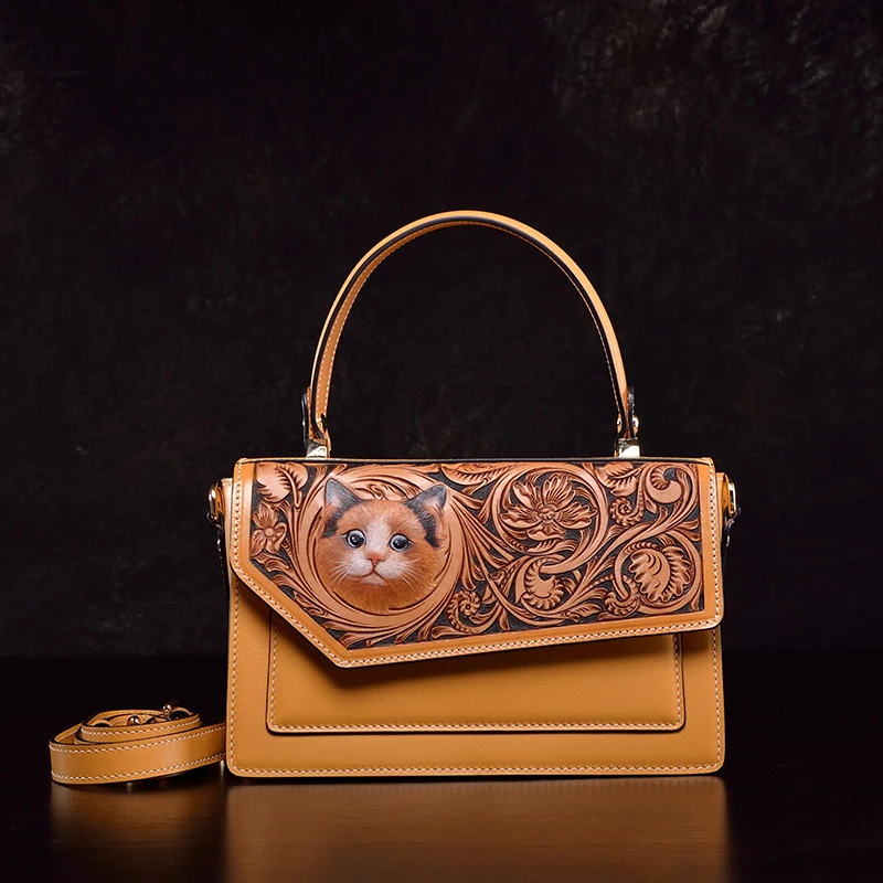 真皮女包牛皮手提包纯手工皮雕中国风单肩包手拎包斜挎包时尚优雅