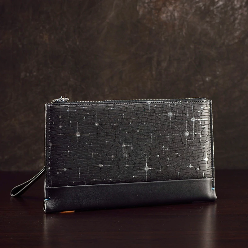 真皮手包男士休闲手拿包牛皮手抓包黑色欧美时尚潮流个性长款信封