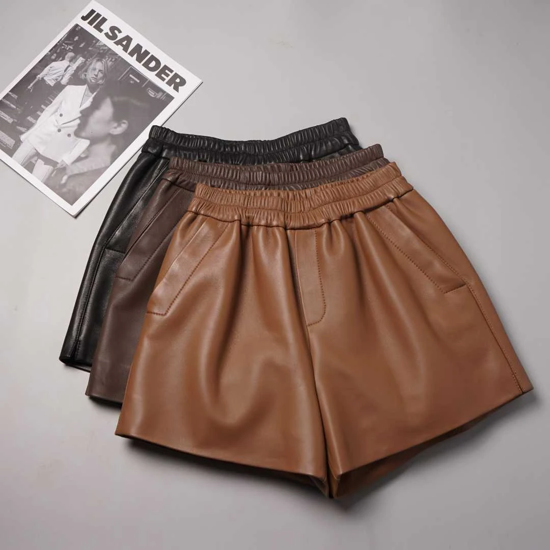 海宁真皮短裤女2025秋冬新款高腰阔腿显瘦绵羊皮短裤休闲百搭阔腿