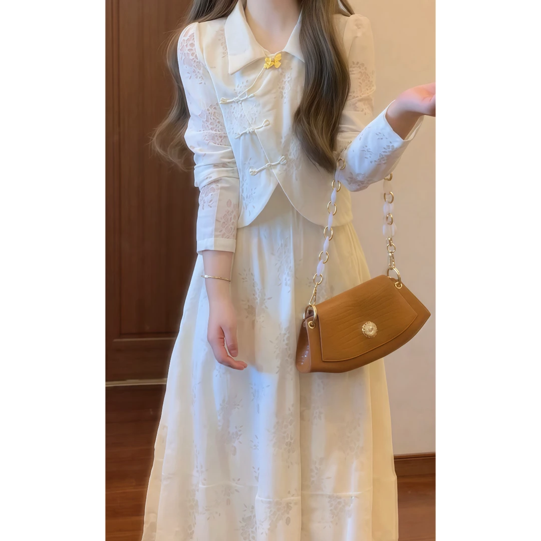 【小扇流萤】 新中式小众素雅设计感提花盘扣上衣+半裙套装裙88876