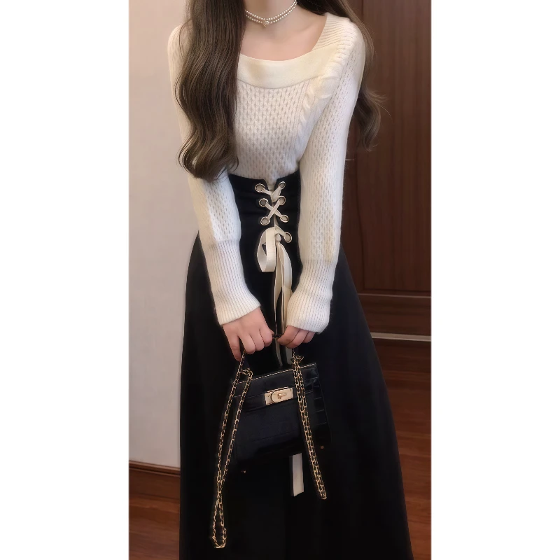 秋冬法式宫廷风方领针织衫毛衣&高腰抽绳半身长裙套装裙89237