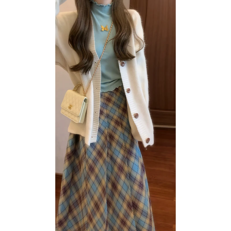 秋冬季蓝色针织衫毛衣&高腰格子百褶半裙&慵懒风针织衫外套89158