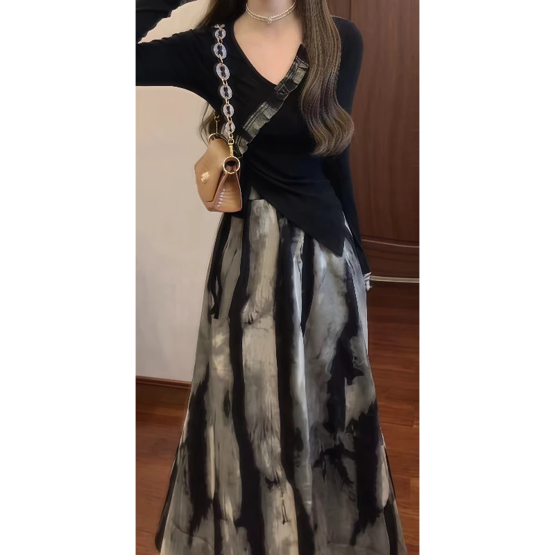 新中式国风复古设计感不规则上衣扎染宽松半身裙女秋季套装88999