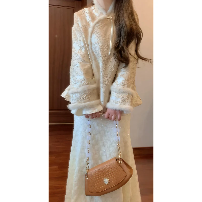 新中式国风提花夹棉短外套&法式温柔加绒亮片蕾丝连衣裙套装89230