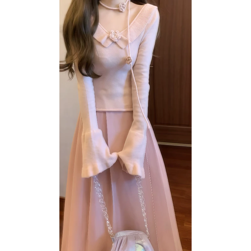 秋冬法式温柔荷叶边花朵针织衫毛衣&粉色高腰百褶半身裙套装89146