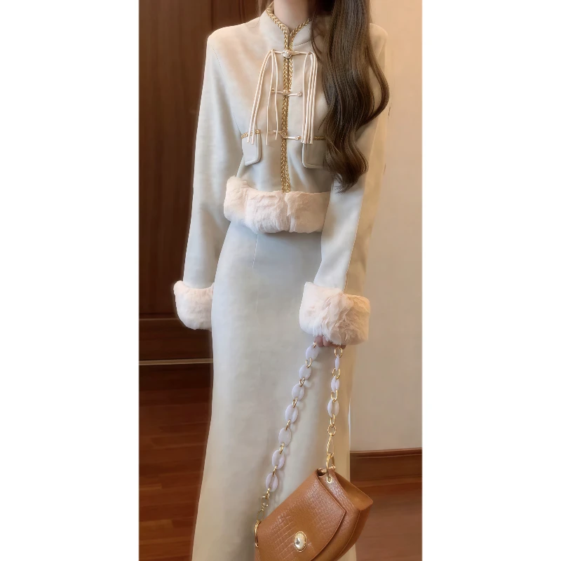 新中式国风加厚夹棉短款外套&毛呢半身裙富家千金套装裙89265