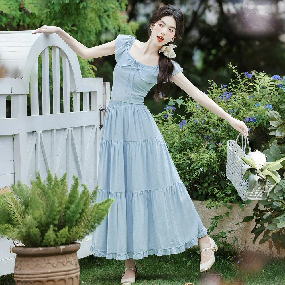 夏季法式甜美小飞袖上衣+高腰显瘦半身裙两件套洋气时尚套装8830