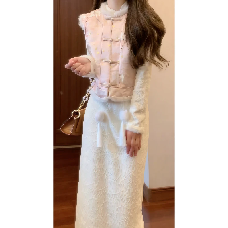 新中式国风刺绣毛毛拼接马甲&加绒蕾丝旗袍连衣裙气质长裙89269