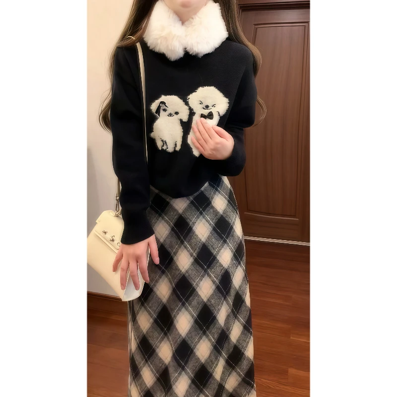 【晚安狗狗】黑色圆领慵懒风针织衫毛衣&格子半身裙秋冬套装89179