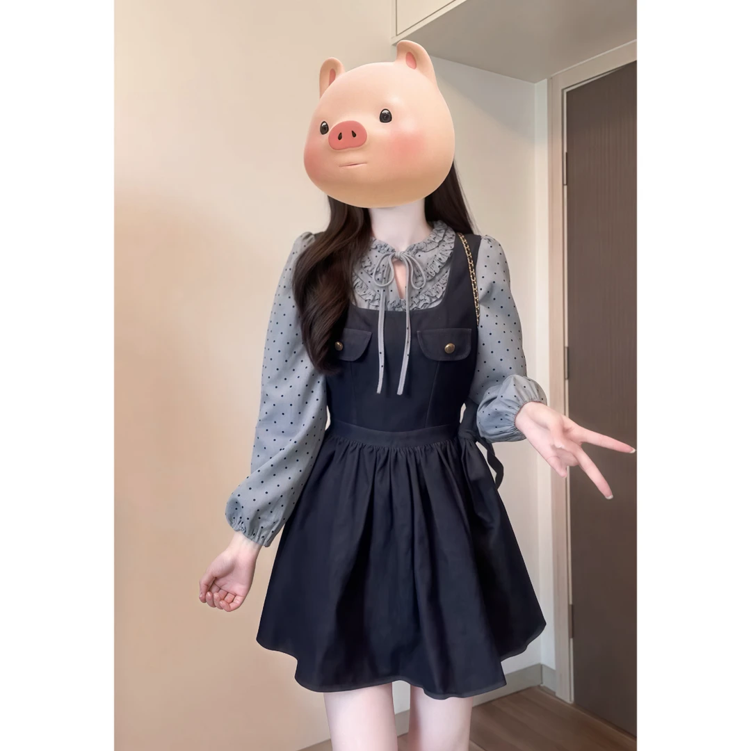 【古董千金】 波点花边系带衬衫&牛仔蝴蝶结背心连衣裙88838