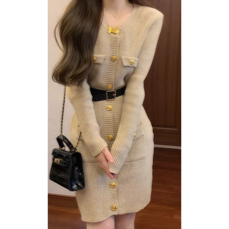 秋冬季加厚毛衣裙气质女神范小香风收腰时尚针织连衣裙89273