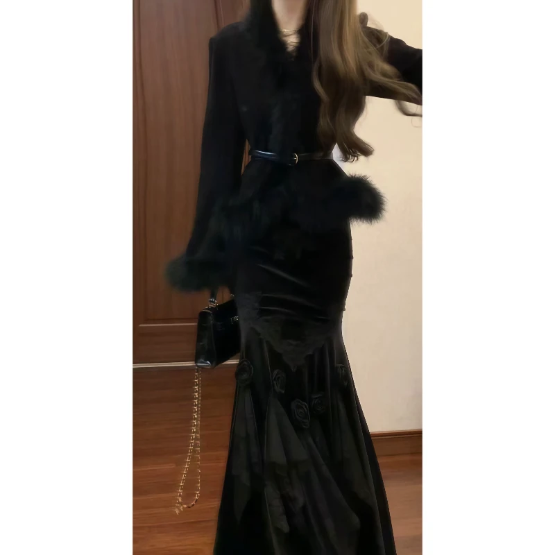 千金风贵气感冬季毛毛外套&立体花朵丝绒鱼尾裙修身半裙89316