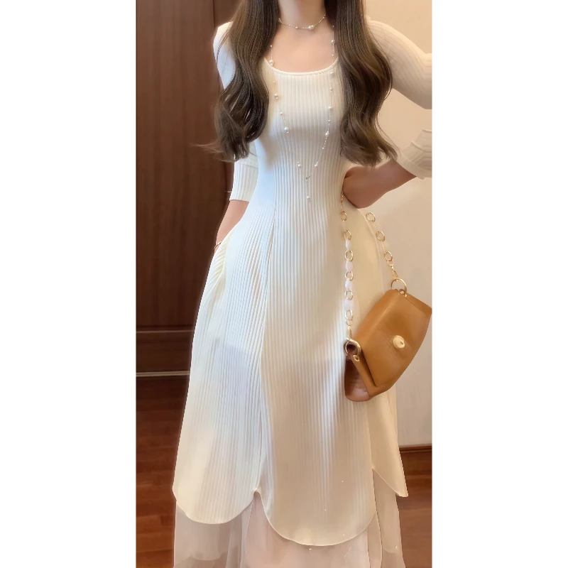 《冬日椰蓉》法式温柔针织连衣裙秋冬设计感不规则大摆长裙89130