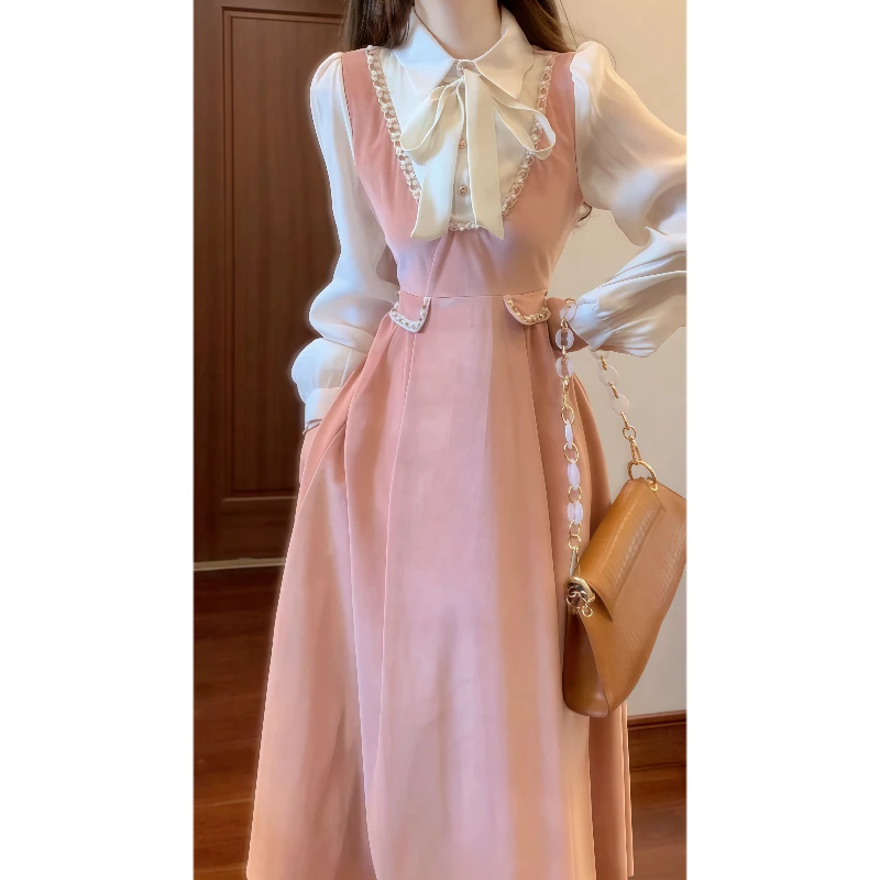 法式小香风超好看粉色假两件丝绒连衣裙女秋冬气质显瘦长裙9705