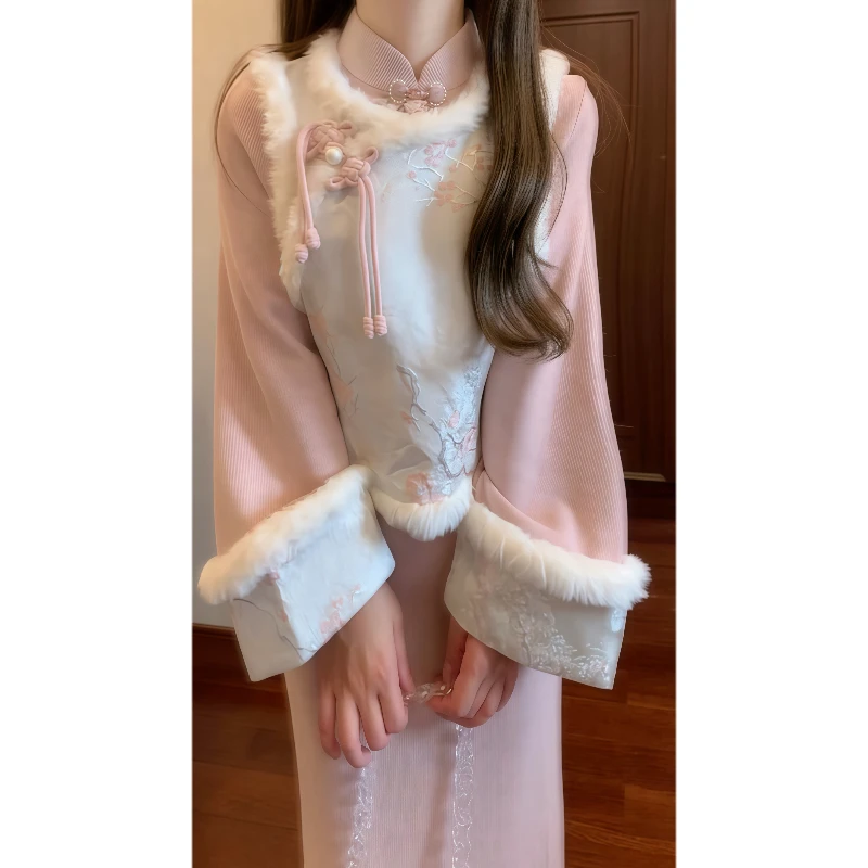 秋冬季新中式国风毛绒梅花短款马甲&加绒粉色改良旗袍连衣裙89109