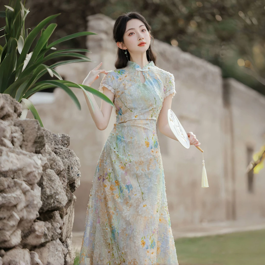 新中式国风复古设计感烧花改良旗袍连衣裙少女年轻款收腰长裙805