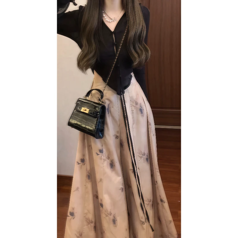 超有feel 飘飘裤裙新中式国风高级感禅意针织衫阔腿裤套装女89025