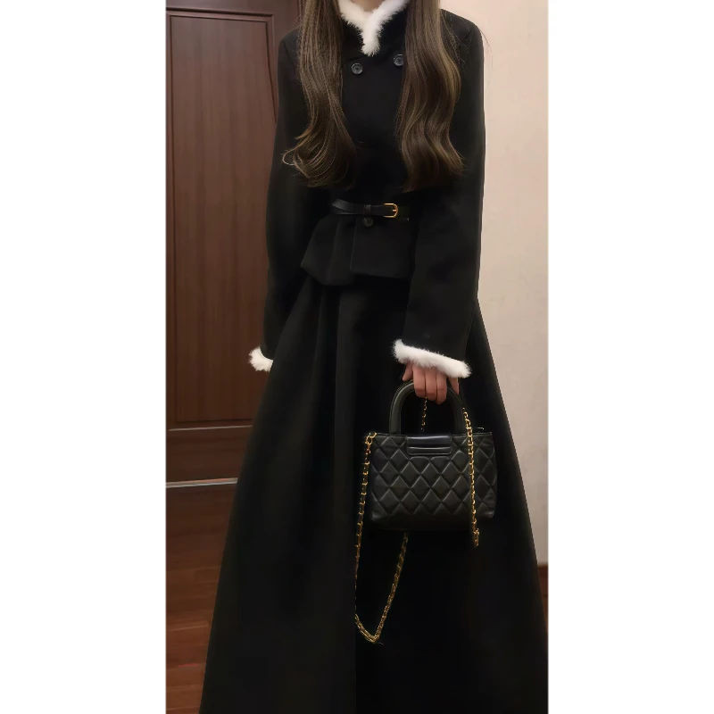 冬季富家千金小香风毛领夹棉外套&高腰百褶半身长裙套装裙89322