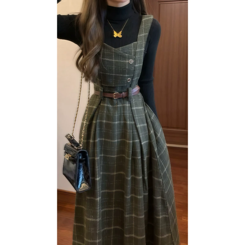 秋冬毛呢格子背带连衣裙&黑色高领打底针织毛衣套装裙89033