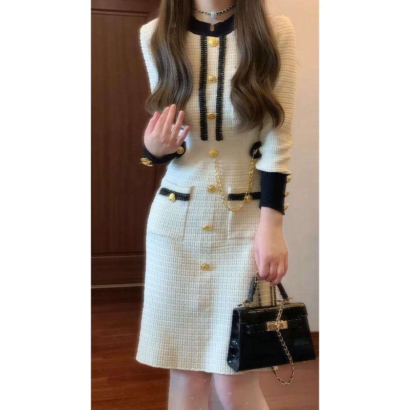 秋冬季高级感小香风名媛气质针织连衣裙修身显瘦气质a字裙89030