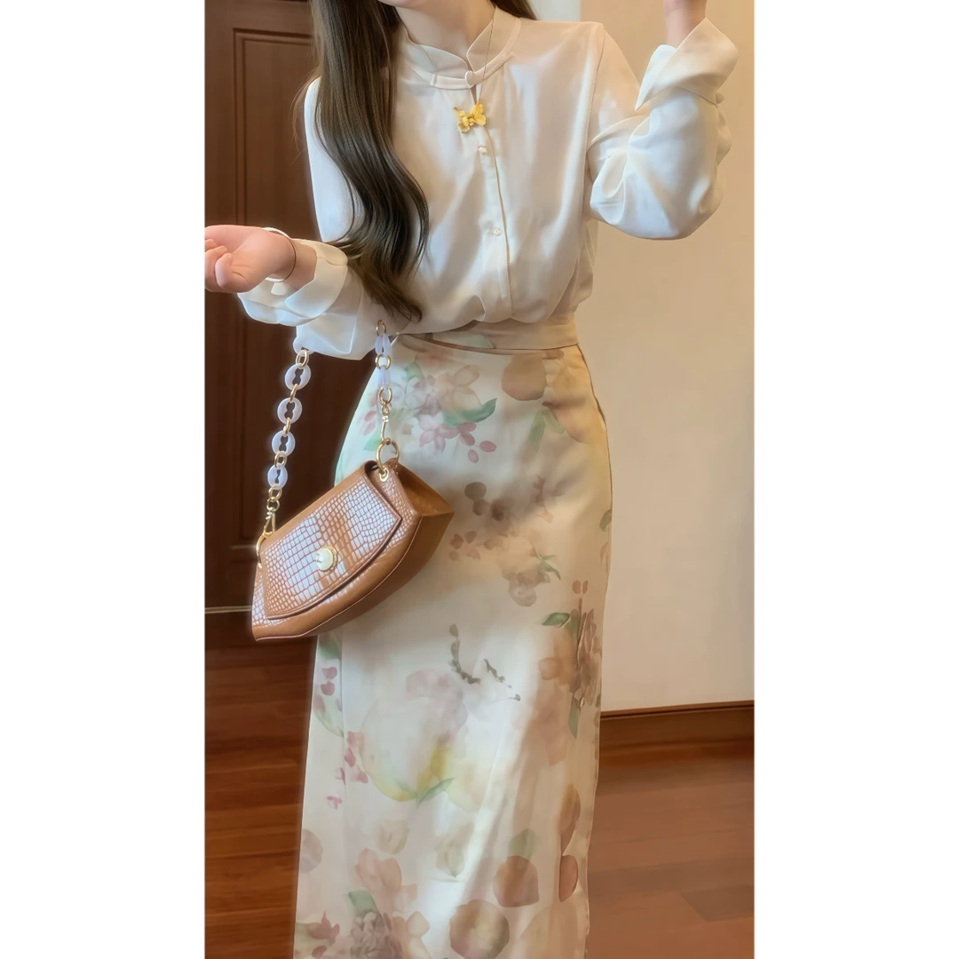 【镜花水月】新中式国风复古提花立领盘扣衬衫+高腰印花半身裙9721