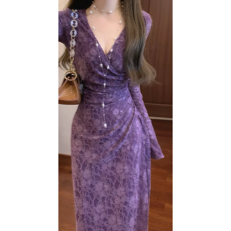 【恶女花魁】秋冬法式浪漫韵味紫色弹力蕾丝连衣裙气质长裙9706