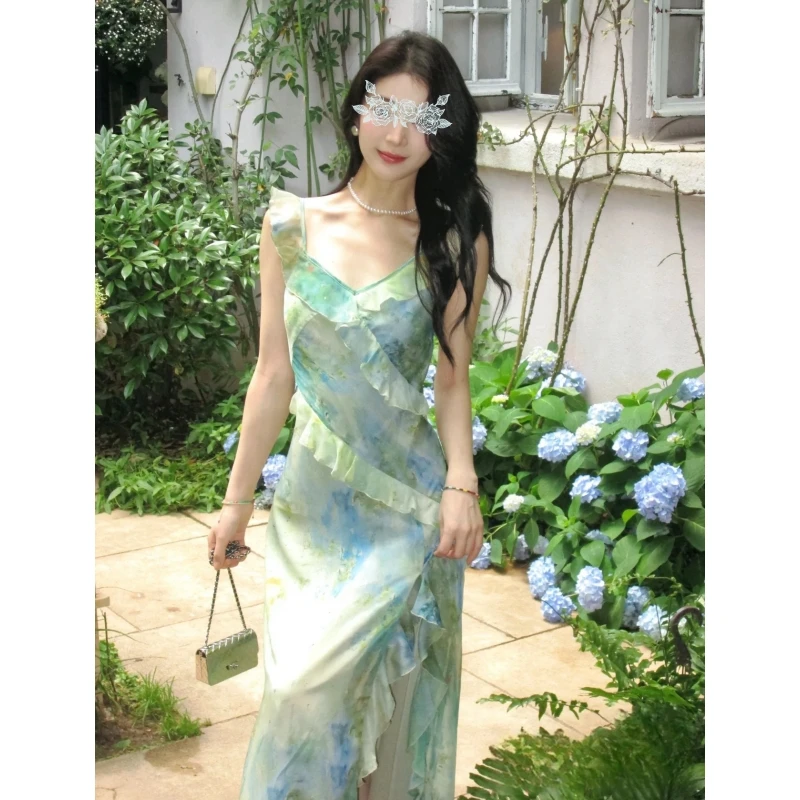 法式设计感气质绝美吊带连衣裙无袖荷叶边海边度假长裙仙女裙128