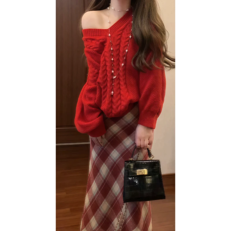 港风复古毛呢格子半裙&V领红色慵懒风宽松针织衫毛衣套装89241