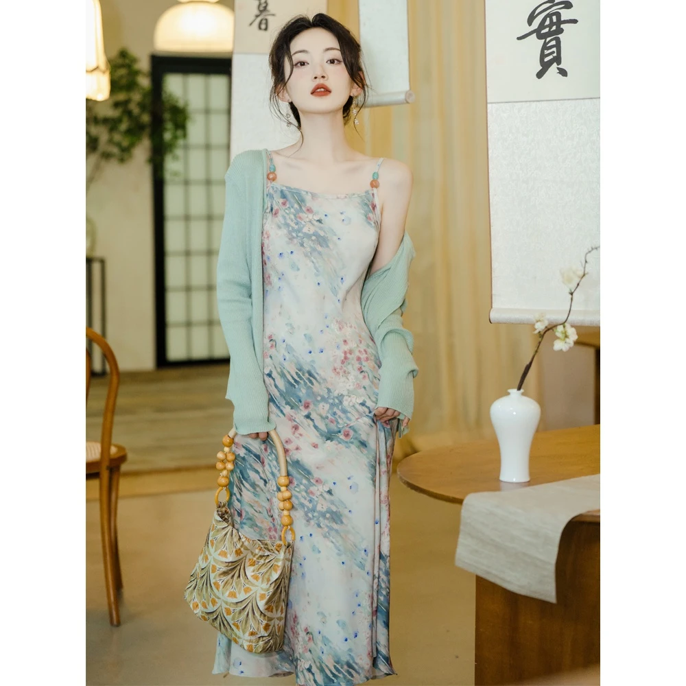 春季法式复古油画印花修身吊带连衣裙配针织开衫洋气约会裙子6036