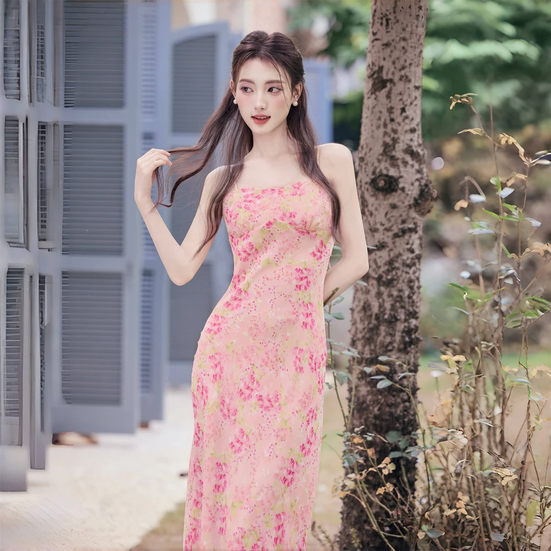 法式浪漫温柔风甜美气质碎花吊带连衣裙海边旅游度假修身长裙5363
