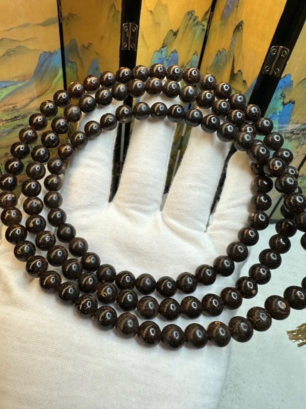 卡8正圆黑金陈籽全玉化星月菩提