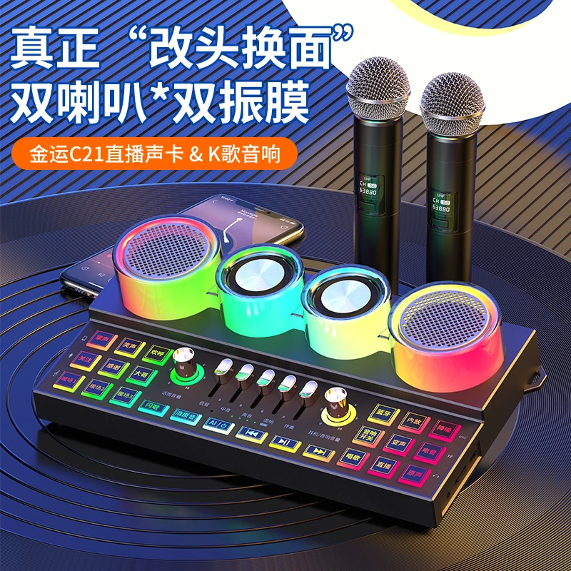 官方正品C21无线声卡音响一体直播唱歌智能声卡【四麦套餐】