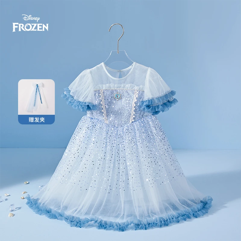 Disney/迪士尼冰雪奇缘女童夏季连衣裙蓝色洋气淑女女宝公主裙