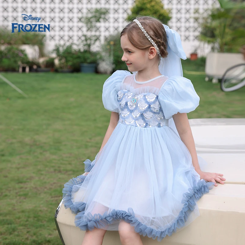 Disney/迪士尼艾莎夏季女童连衣裙女宝洋气甜美泡泡袖淑女公主裙