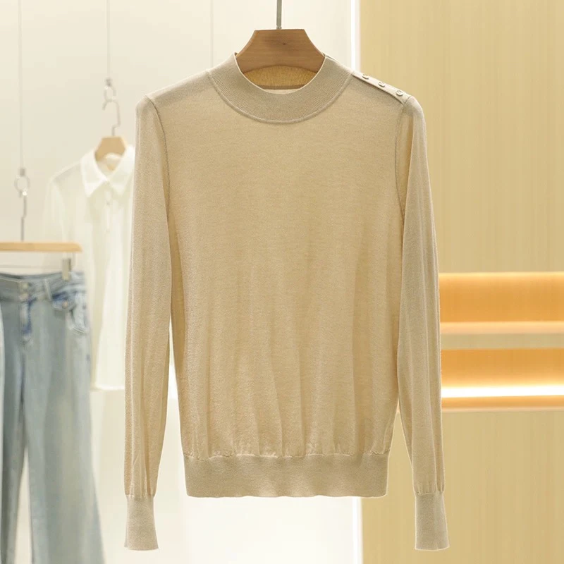 【贝家】绵羊毛+桑蚕丝 纯色亲肤半高领显瘦针织衫24冬新款打底衫女