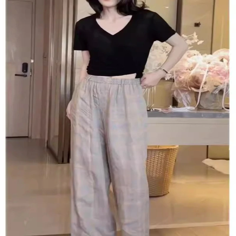 时尚复古气质格子休闲裤女夏季薄款松紧高腰显瘦百搭直筒阔腿裤子