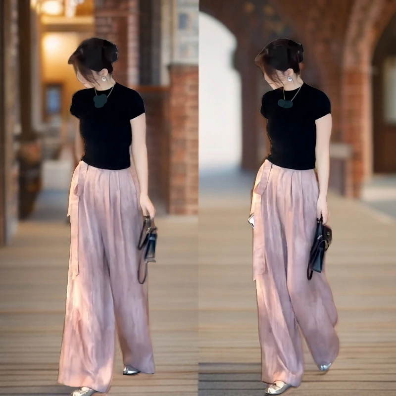 时尚套装2025夏季新款修身显瘦短款上衣纯色短袖t恤女阔腿长裤子