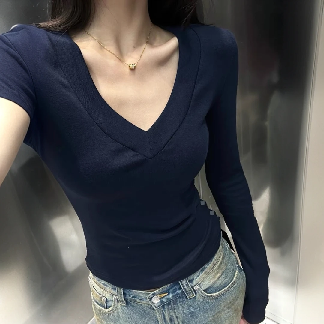 韩版秋季新款洋气纯色基础款V领修身显瘦百搭T恤上衣打底衫女