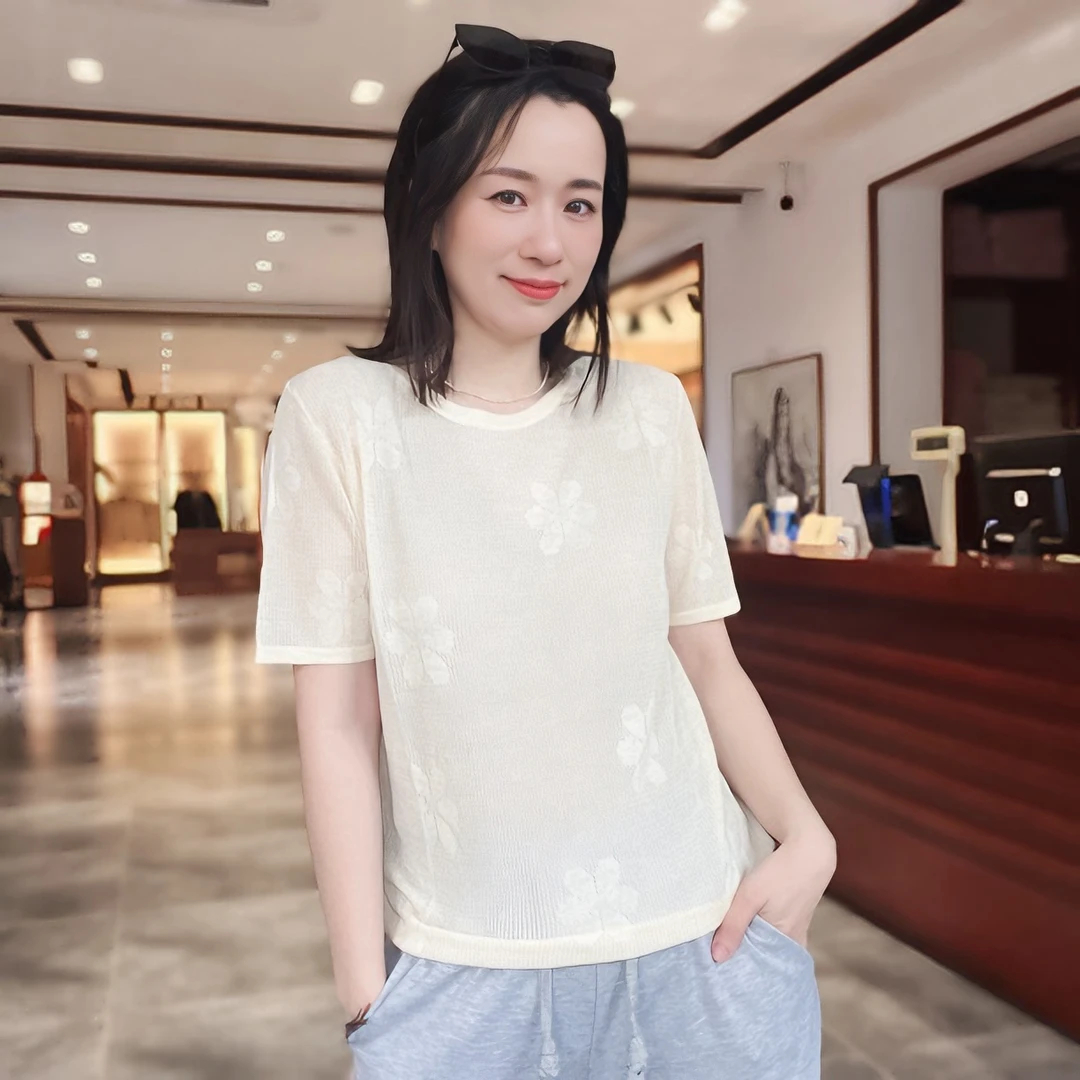 天然柞蚕丝透气圆领镂空宽松提花夏季外穿家居上装 1464