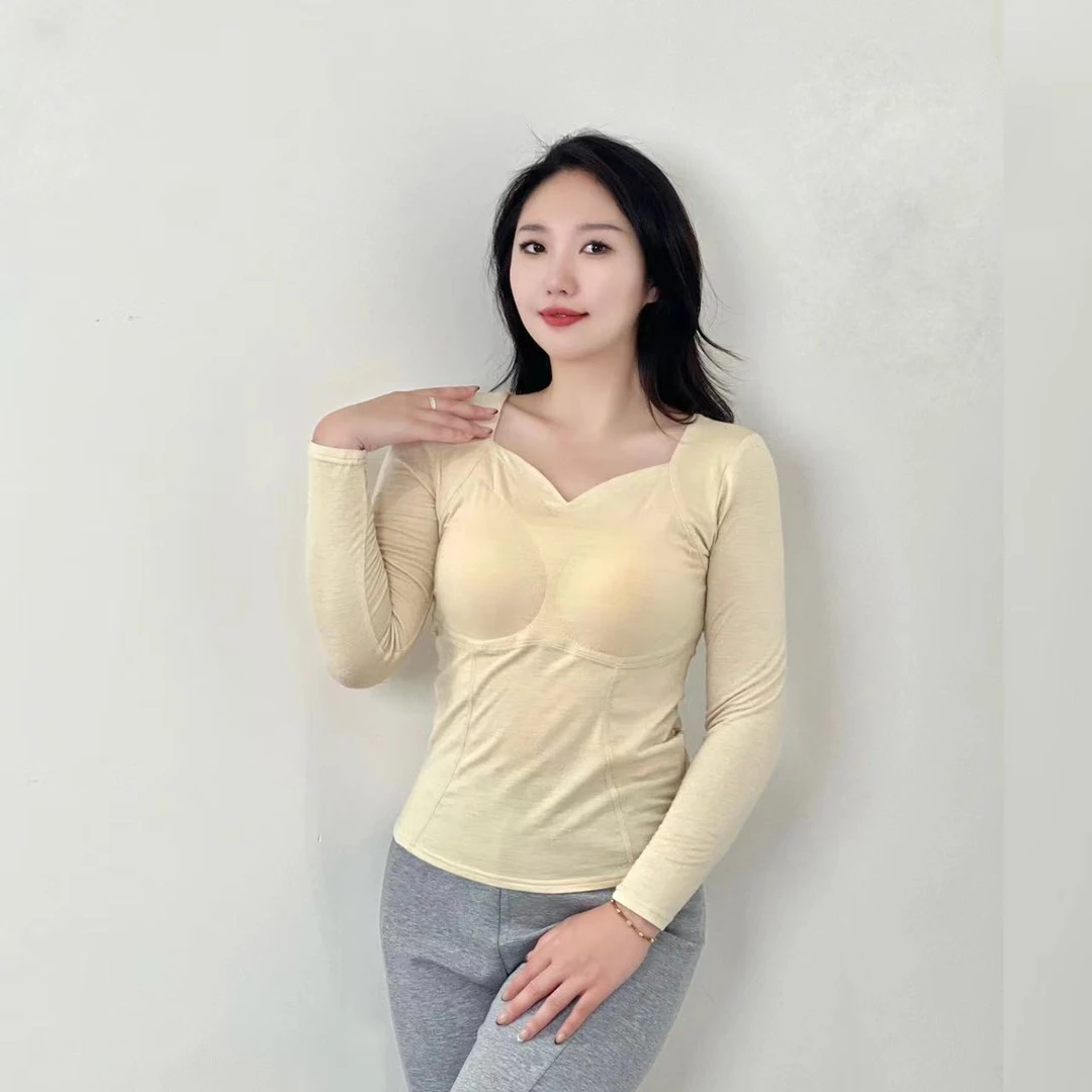柞蚕丝带胸垫时尚长袖修身显瘦可外穿女装百搭休闲上衣9623C394