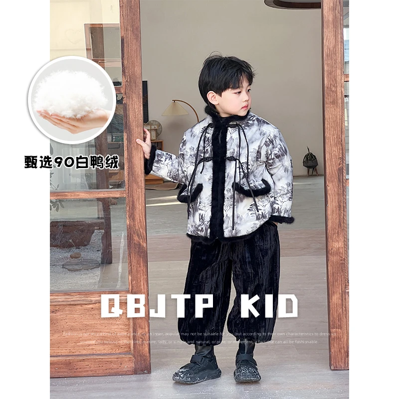 Q宝家童品12月新款 男童羽绒服冬季儿童白鸭绒新中式羽绒外套年服