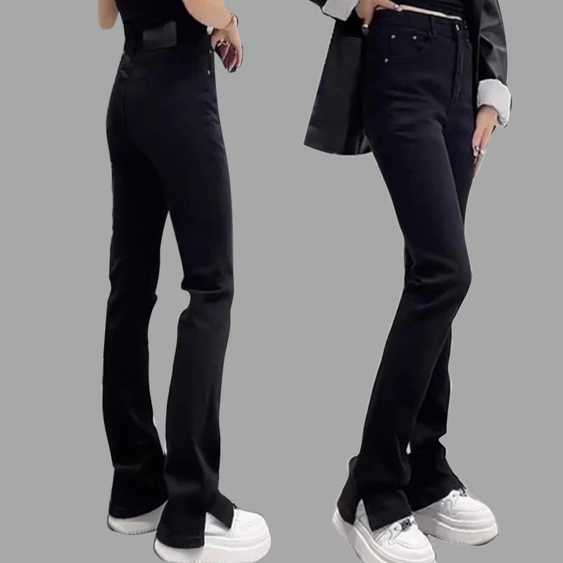 2024秋季大码黑色牛仔裤女胖mm高腰弹力显瘦开叉微喇裤马蹄裤长裤