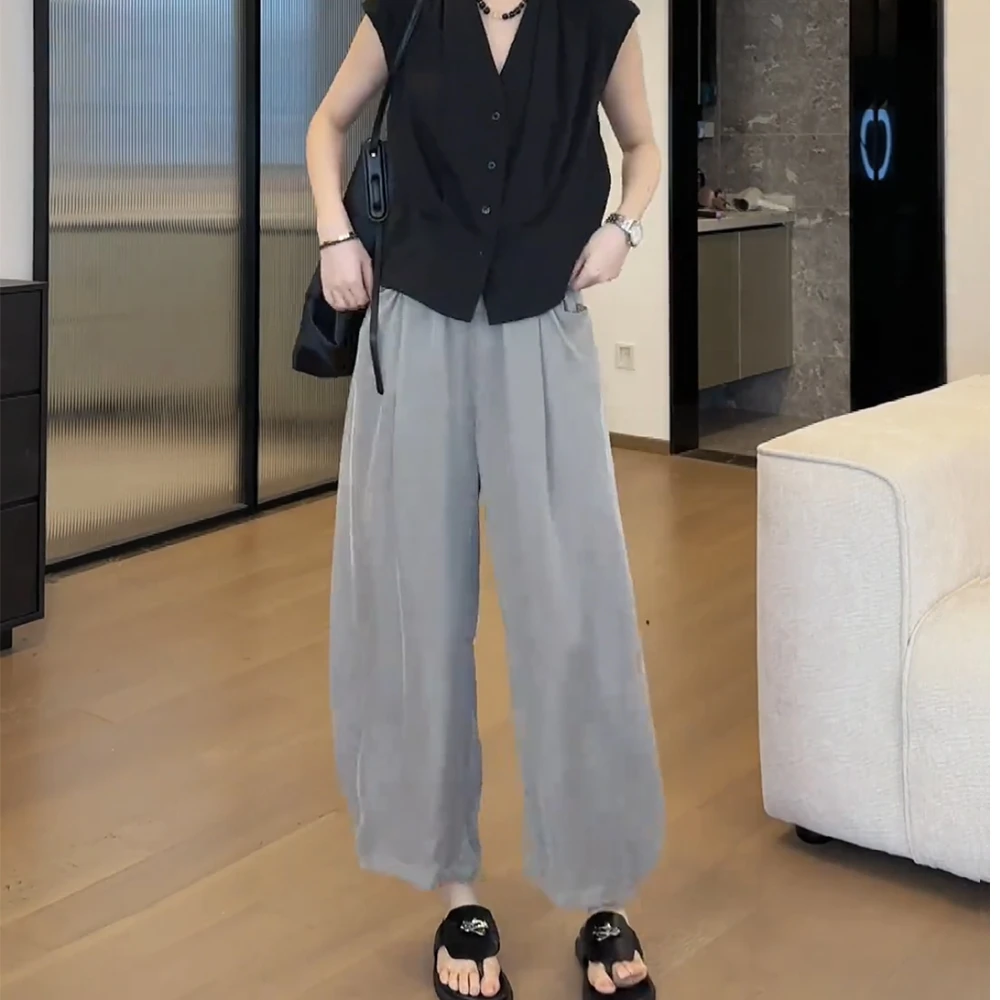 现货九分阔腿裤香蕉裤女秋薄款大码微胖梨形身材腿粗凉凉裤奶奶裤