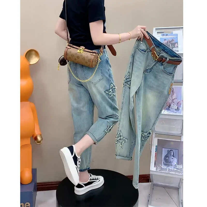 秋季九分牛仔裤老爹裤女款爆款2025新款大码微胖mm弹力显瘦哈伦裤