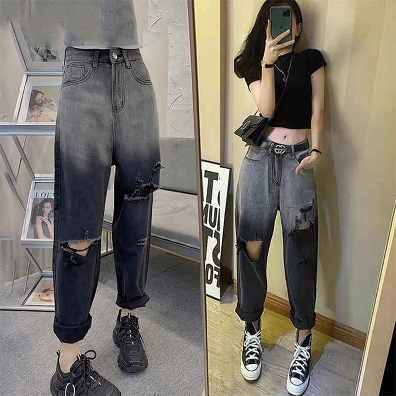 春夏洋气破洞牛仔裤老爹裤女宽松大码微胖梨形身材腿粗屁股大显瘦