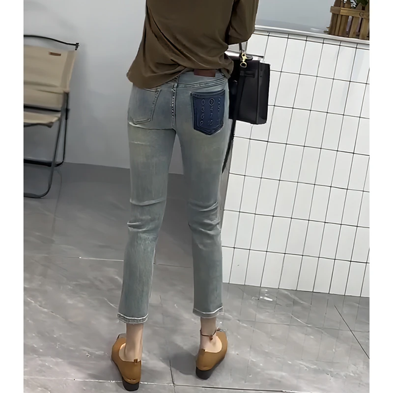 2024春季直筒烟管裤女九分大码高腰弹力牛仔裤法棍裤微胖显瘦裤子