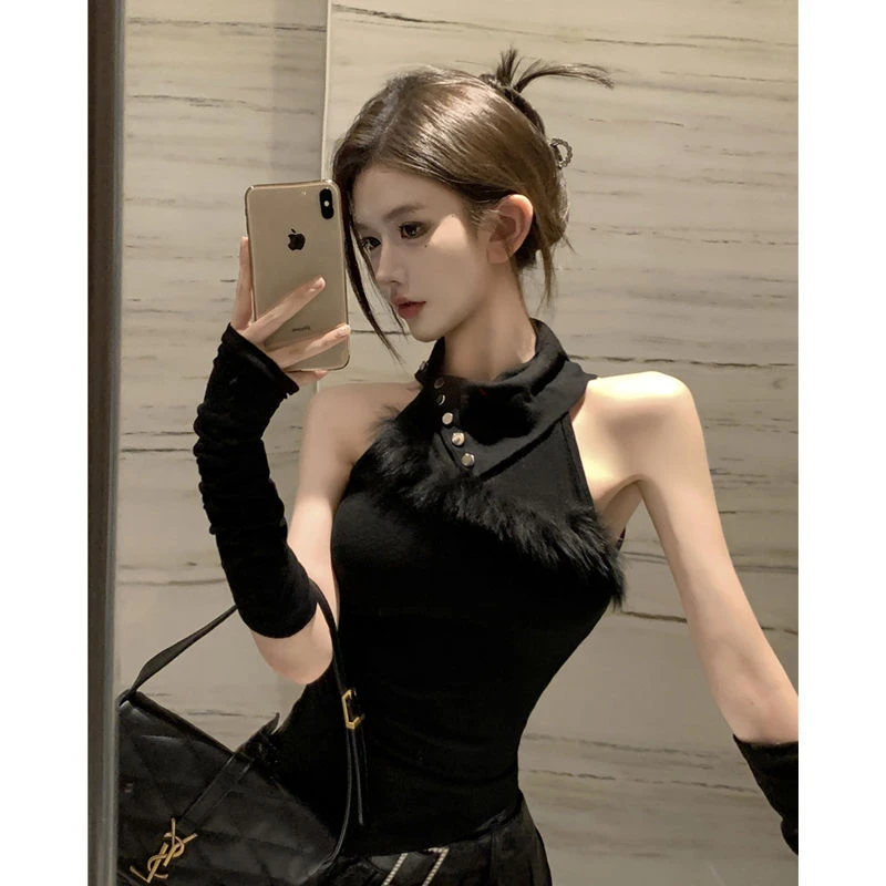 不规则毛毛拼接T恤女秋冬辣妹小心机设计感修身打底衫袖套上衣潮