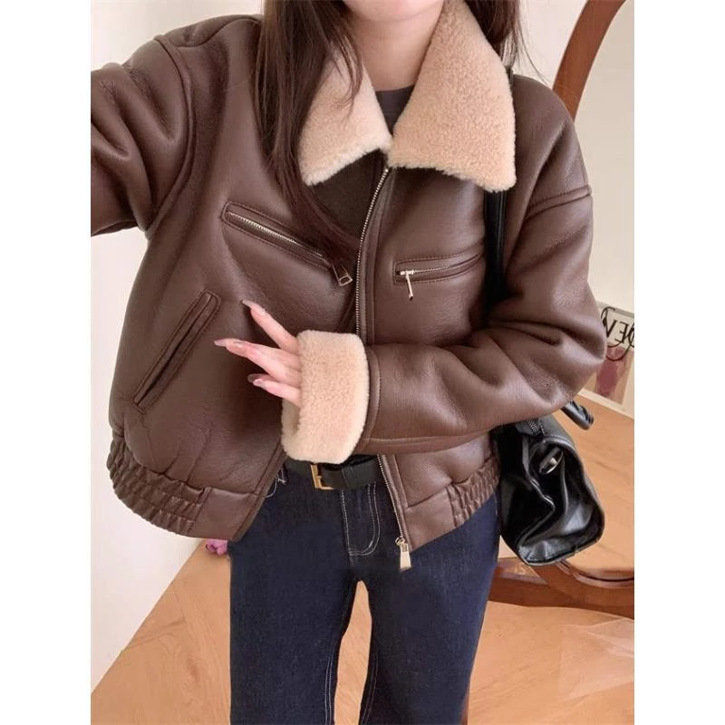 慵懒韩系外套秋冬复古皮毛一体翻领美式羊羔女风厚服机车短款毛