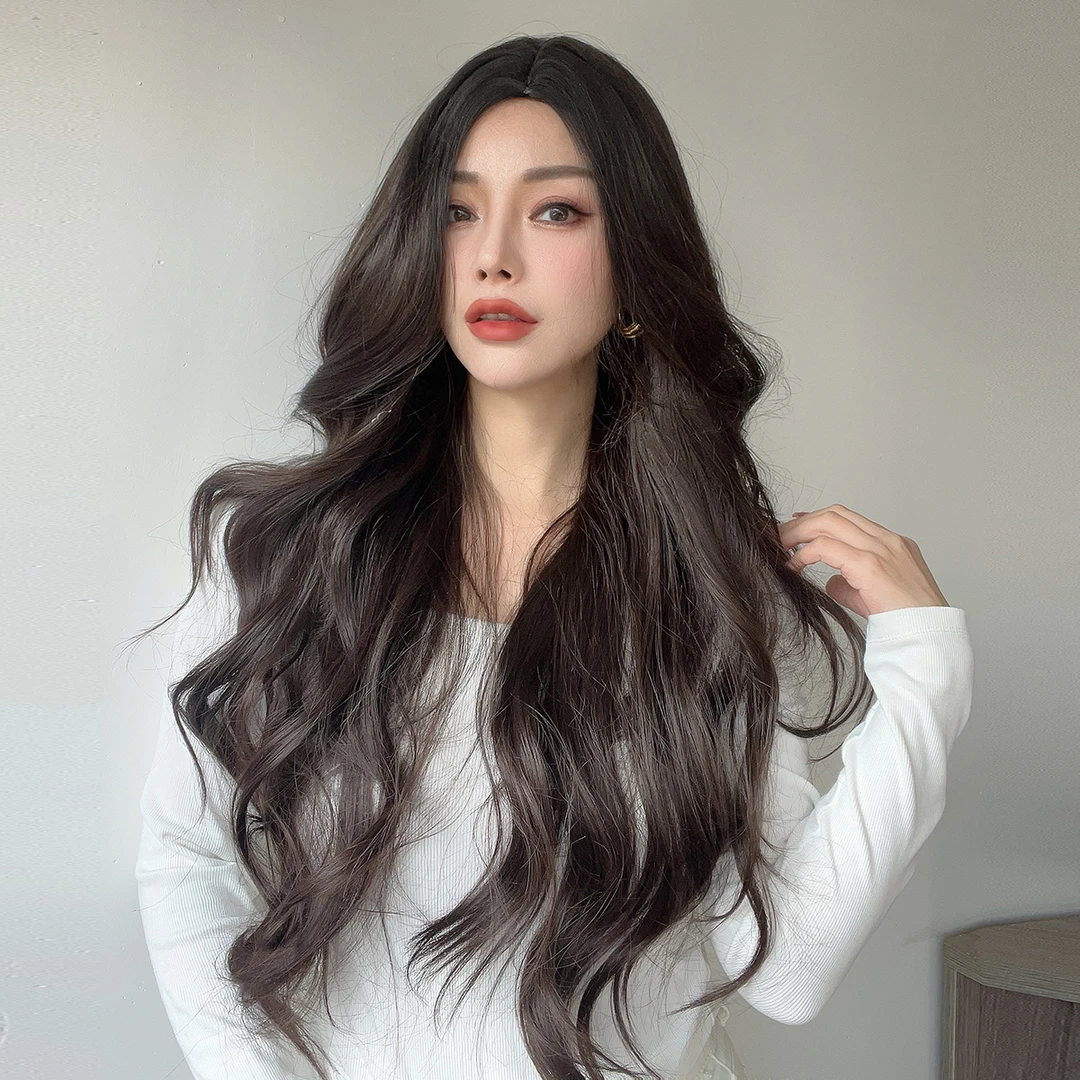 温柔气质小额蕾丝假发女中分长发大波浪黑色渐变深棕色整顶假发
