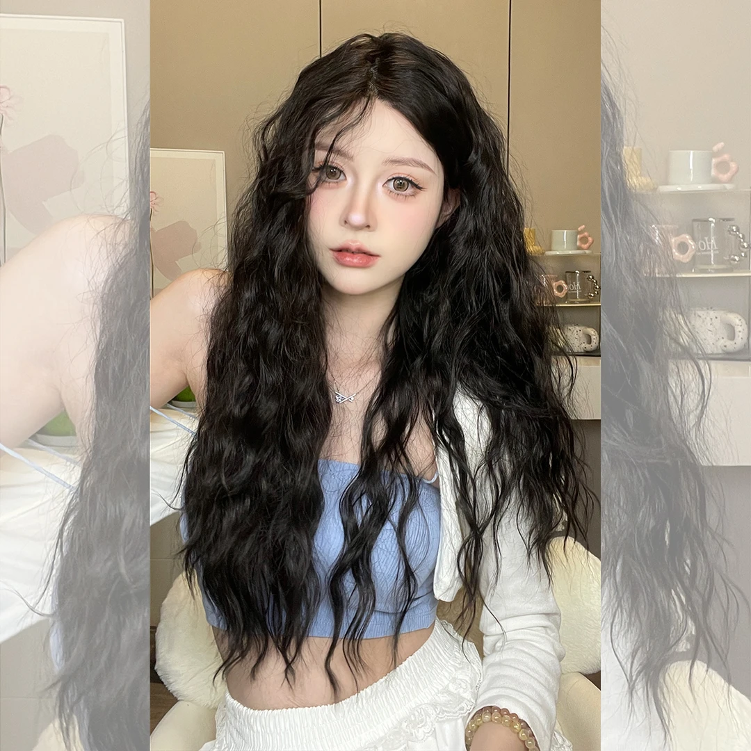 时尚辣妹黑色卷发中分长发仿真发际线手钩前蕾丝假发头套女